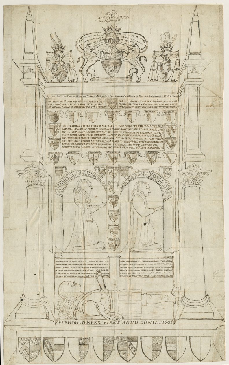 Sandon Kirche - Grab von Sampson Erdeswicke: Feder- und Tintenzeichnung, undatiert [?18. Jh.] von Stebbing Shaw