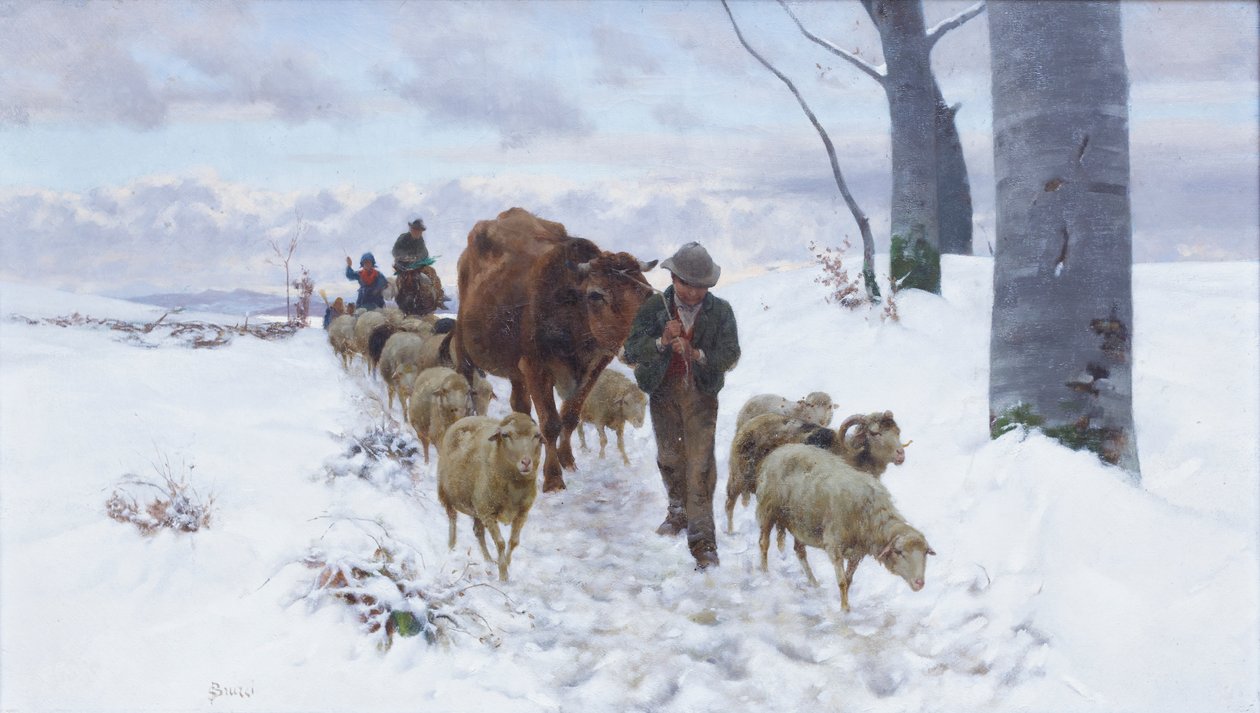 Rückkehr vom Markt nach dem Schneefall, vor 1877 von Stefano Bruzzi