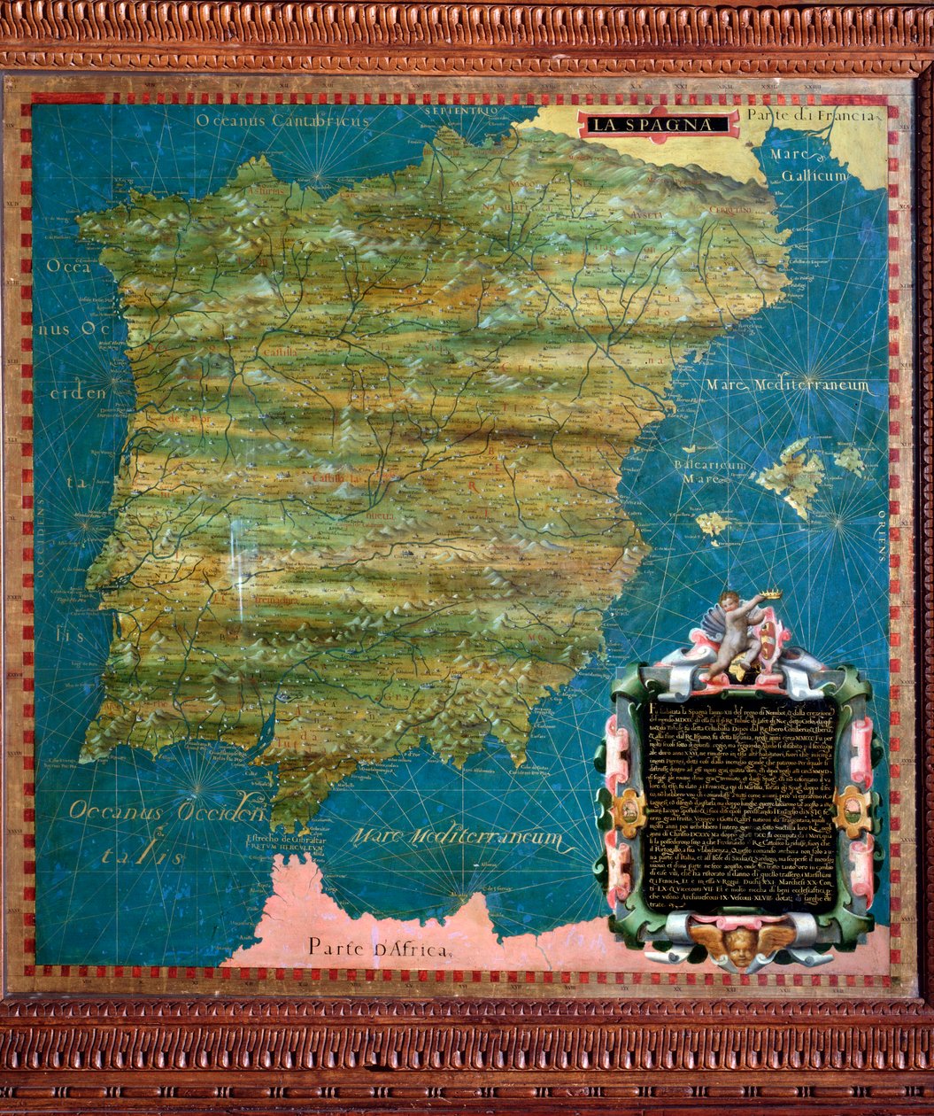 Karte von Spanien und Portugal, erstellt von Stefano Bonsignori (? -1589) italienischer Kosmograph und Maler. Um 1581. Florenz, Palazzo Vecchio, Sala del Mappamondo von Stefano Buonsignori