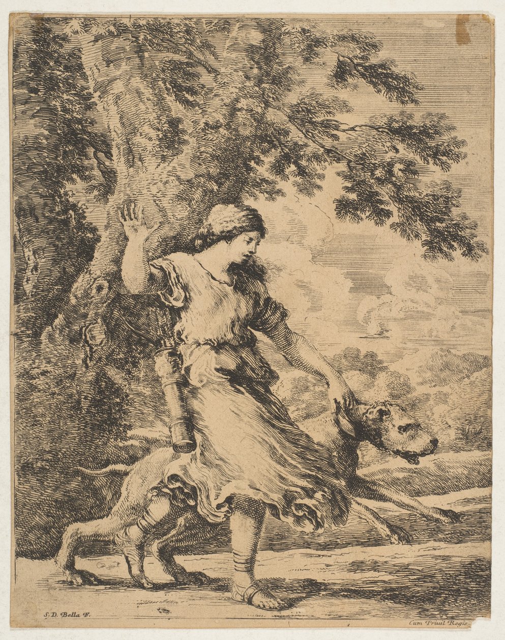 Eine Nymphe hält einen großen Hund am Halsband (ca. 1654) von Stefano della Bella