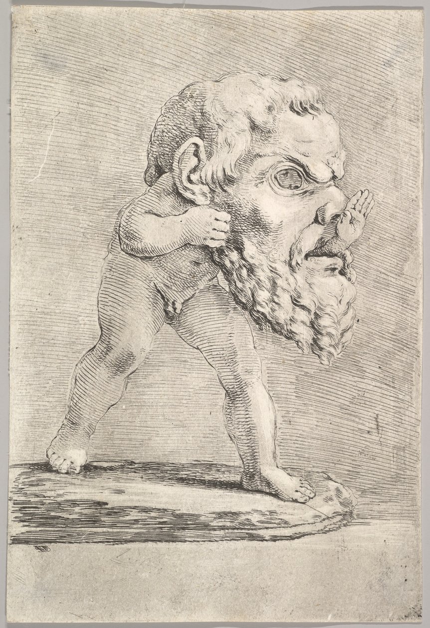Ein Kind mit einer großen Maske, das seine Hand durch den Mund steckt, ca. 1660 von Stefano della Bella