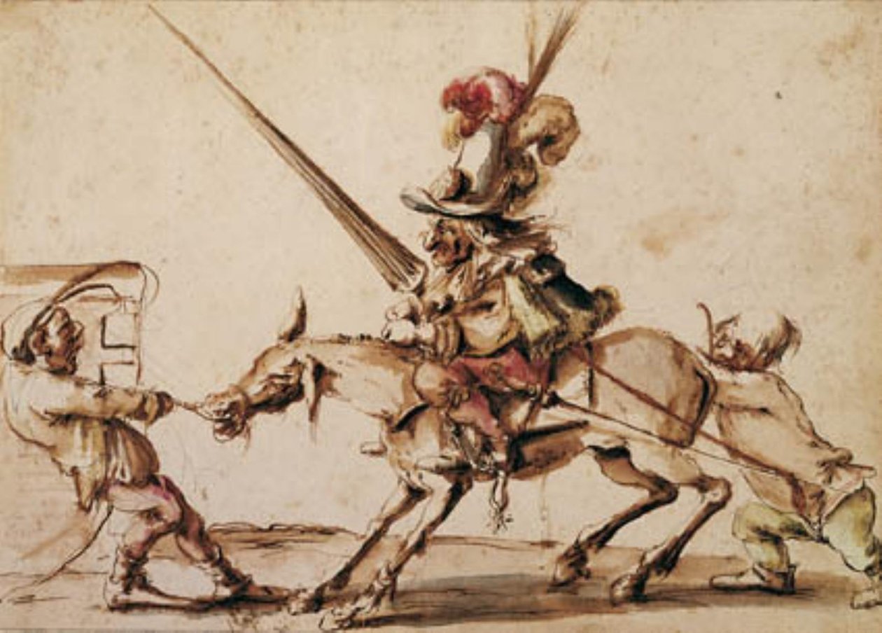 Ein tapferer Zwerg auf einem widerspenstigen Maultier, das von zwei anderen Zwergen zu einem Turnier gezogen wird von Stefano della Bella