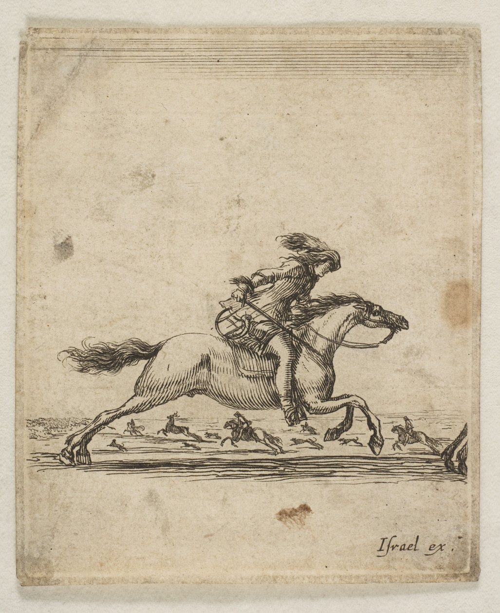 Ein Reiter mit Schwert in der Hand galoppiert nach rechts, andere Reiter galoppieren, ca. 1645-46 von Stefano della Bella