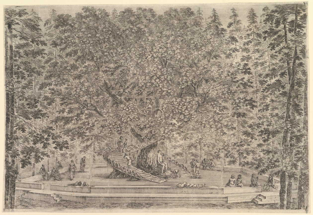 Ein großer bewohnter Baum in der Mitte mit Rampen um den Stamm, darunter ein Steinpfad von Stefano della Bella