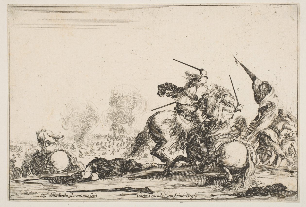Ein Gefecht, zwei Reiter kämpfen mit Schwertern rechts, Männer mit einer Flagge rennen..., ca. 1645 von Stefano della Bella