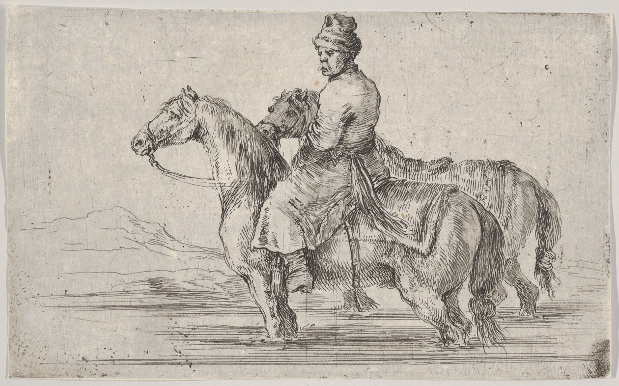 Ein Diener bringt zwei Pferde zum Baden, sitzt auf einem Pferd im Fluss, das andere daneben, ca. 1662 von Stefano della Bella
