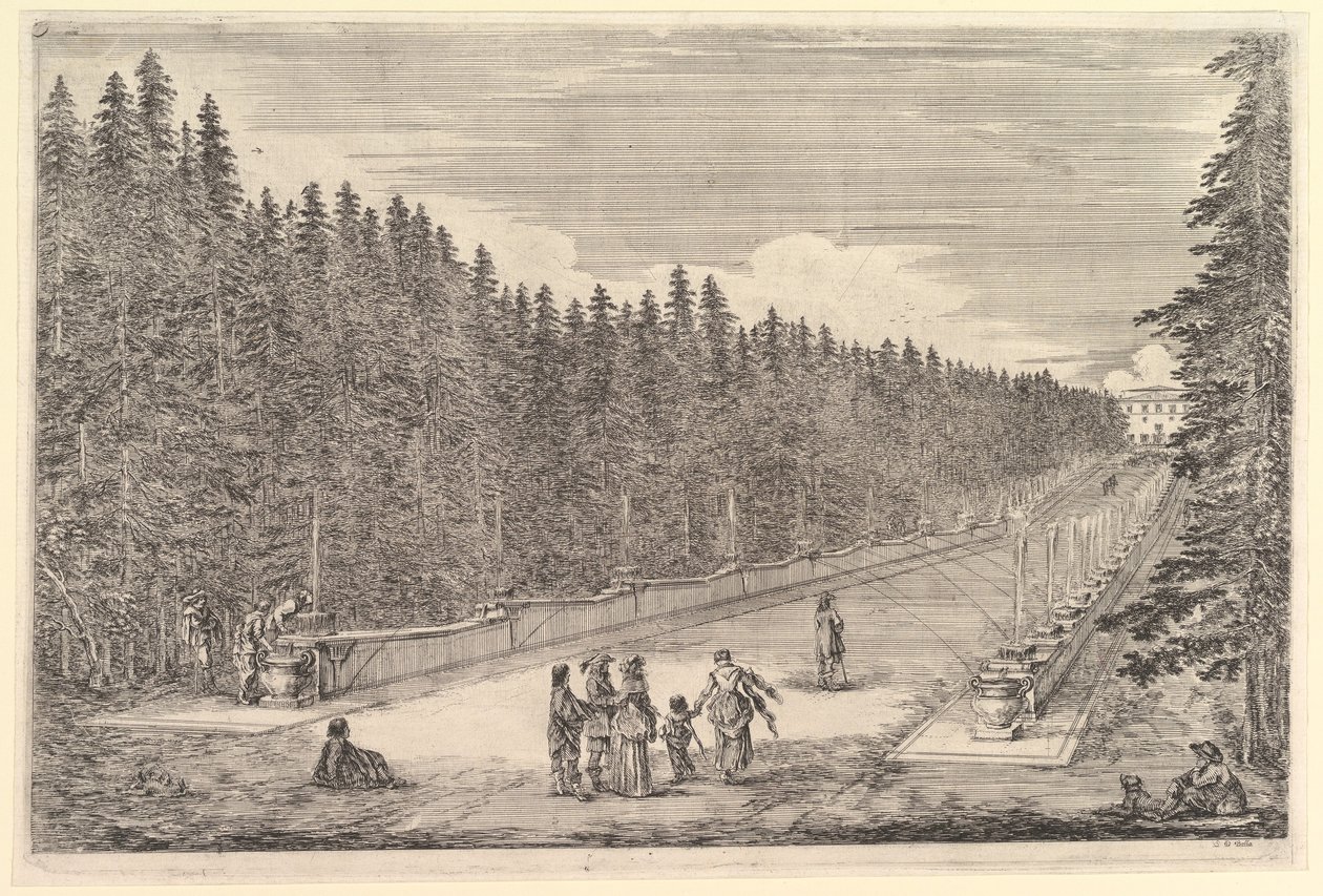 Eine Allee von Brunnen, eine Gruppe von Menschen in der Mitte, ein Mann und ein Hund sitzen rechts von Stefano della Bella