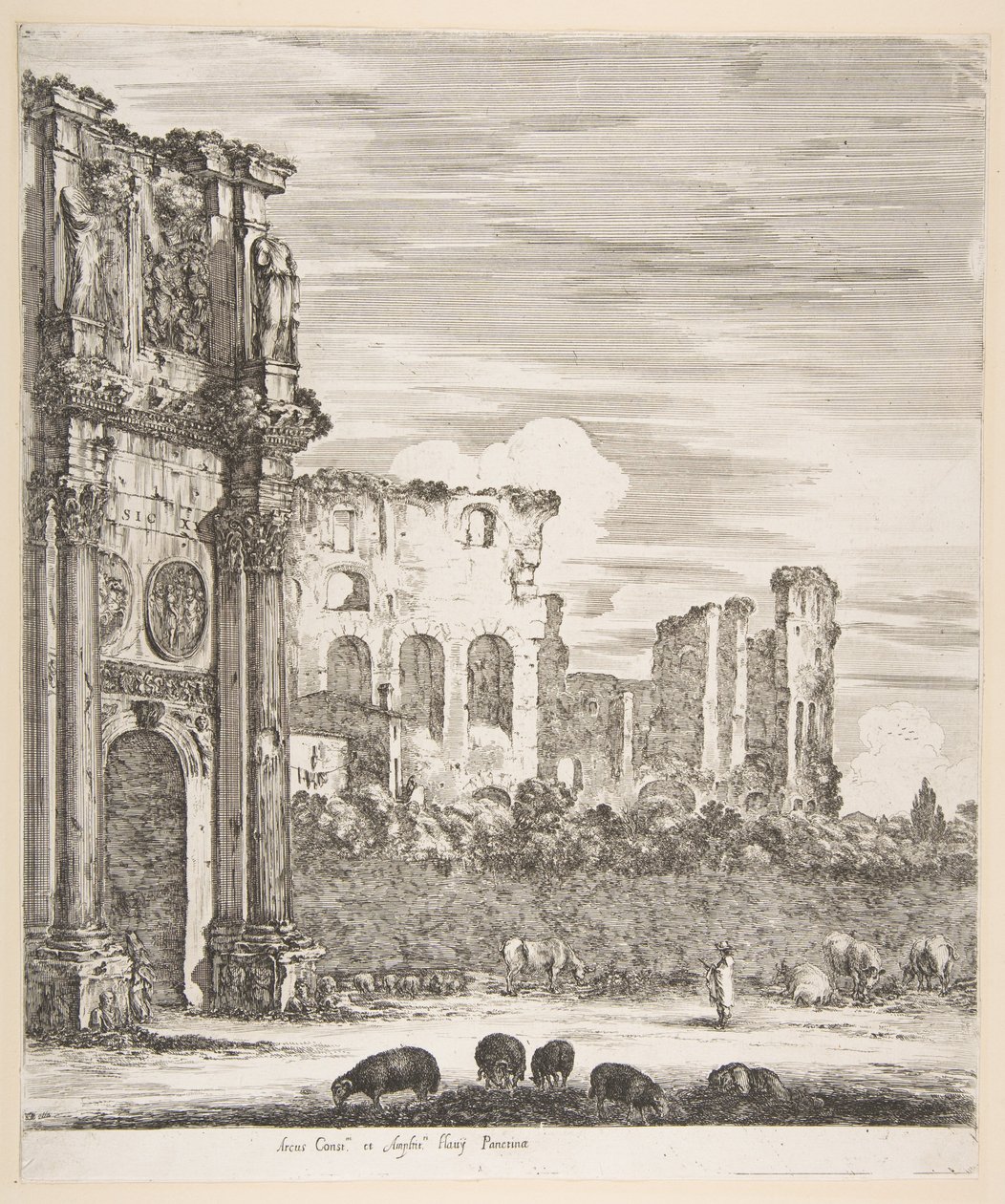 Konstantinsbogen und Kolosseum mit weidenden Schafen im Vordergrund, aus „Sechs große Ansichten, vier von Rom und zwei von der römischen Campagna“ von Stefano della Bella