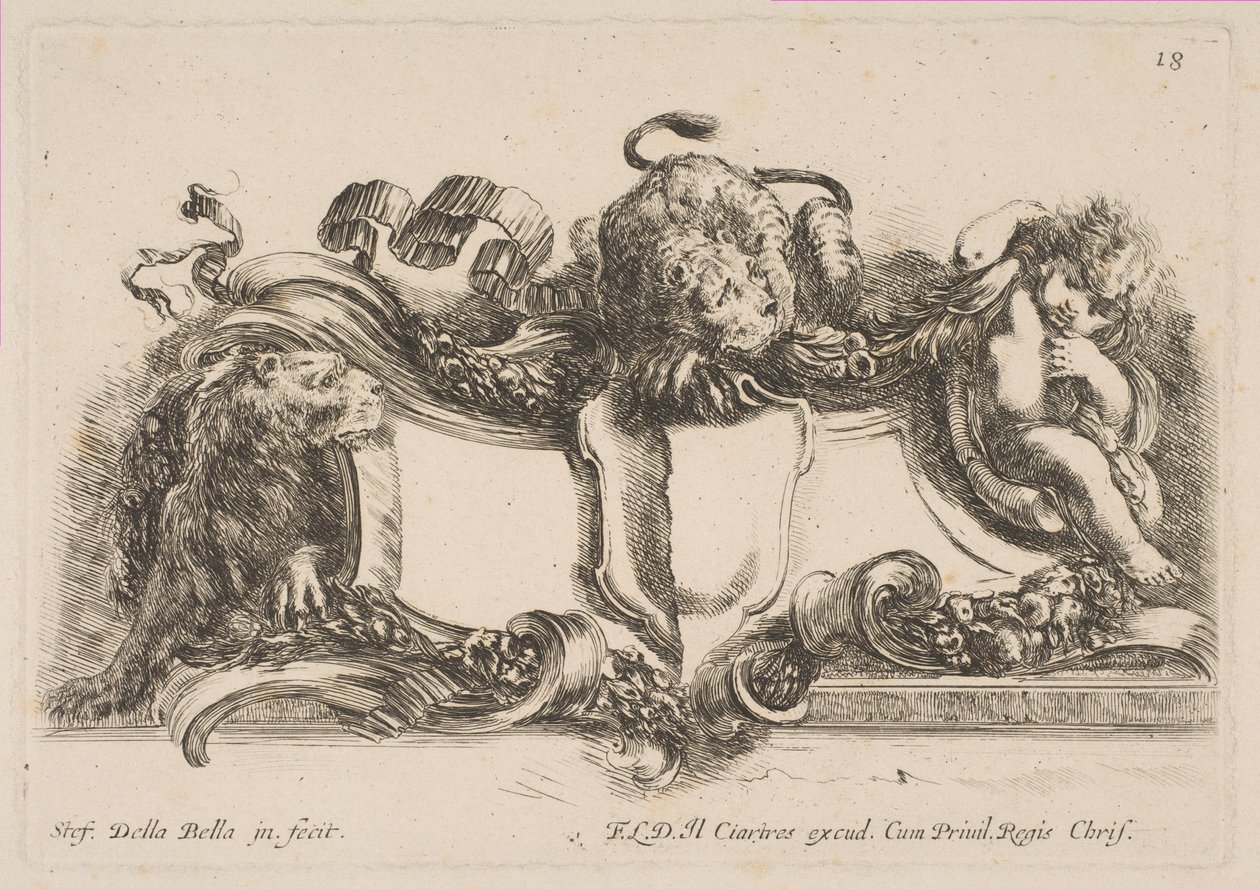 Kartusche mit einem leeren Schild, überragt von einem Löwen und eingerahmt von einem Löwen und einem Kind, 1646 von Stefano della Bella