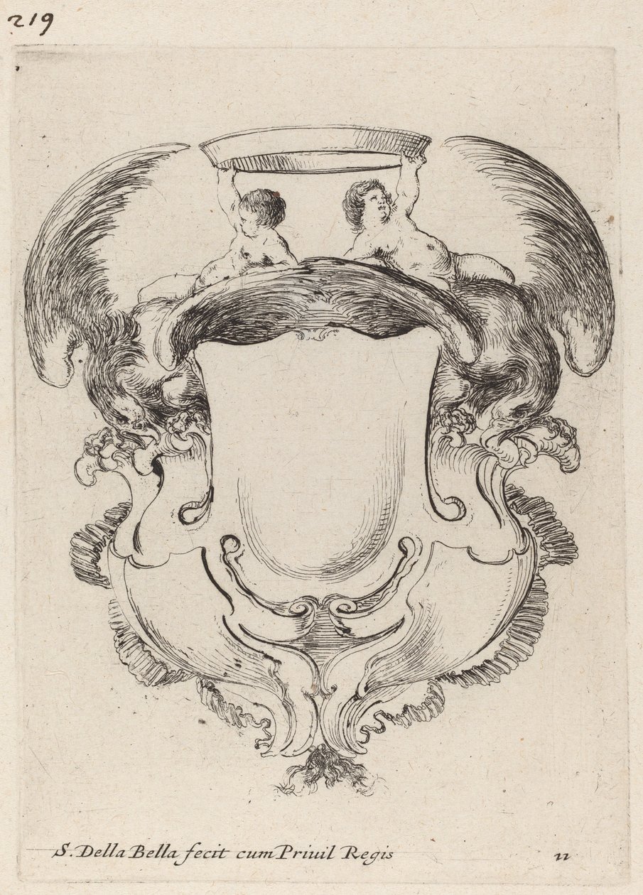 Kartusche mit Adlern und zwei Säuglingen, die eine Krone halten, 1647 von Stefano della Bella