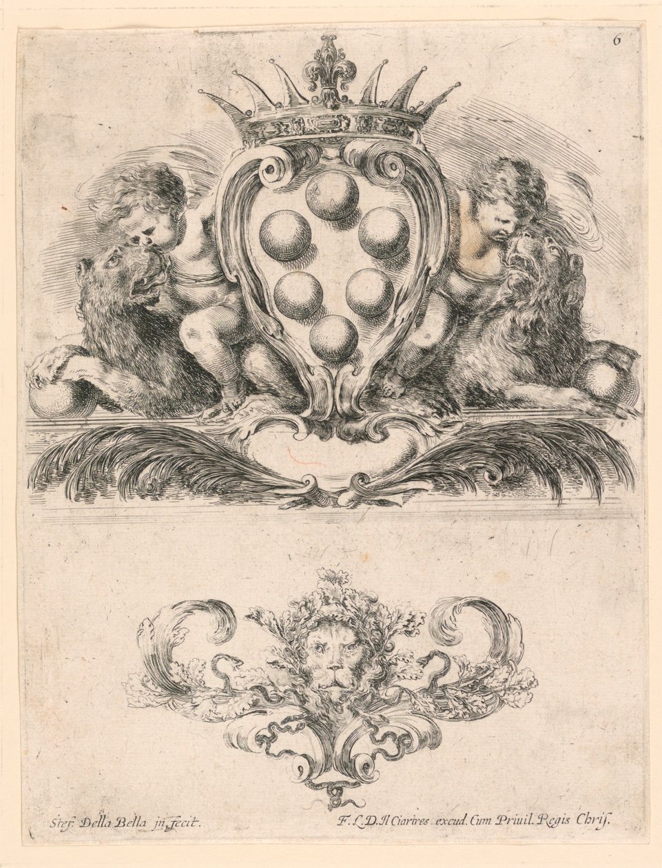 Wappen des Großherzogs der Toskana: Ornament mit einer Löwenmaske, Nr. 6 aus "Raccolta di varii cappriccii et nove inventioni di cartelle et ornamenti" von Stefano della Bella