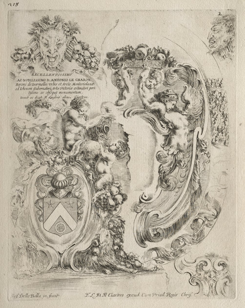 Sammlung verschiedener Capricen und neuer Entwürfe von Kartuschen und Ornamenten: Nr. 2, Widmungsseite von Stefano della Bella