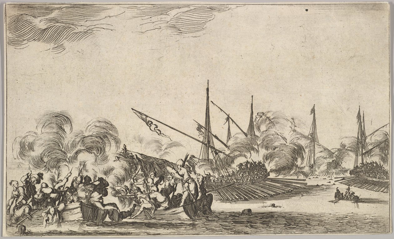 Kampf zwischen mehreren Ruderbooten und Schiffen, zwei Gruppen von Männern in Ruderbooten kämpfen links, 1639 von Stefano della Bella