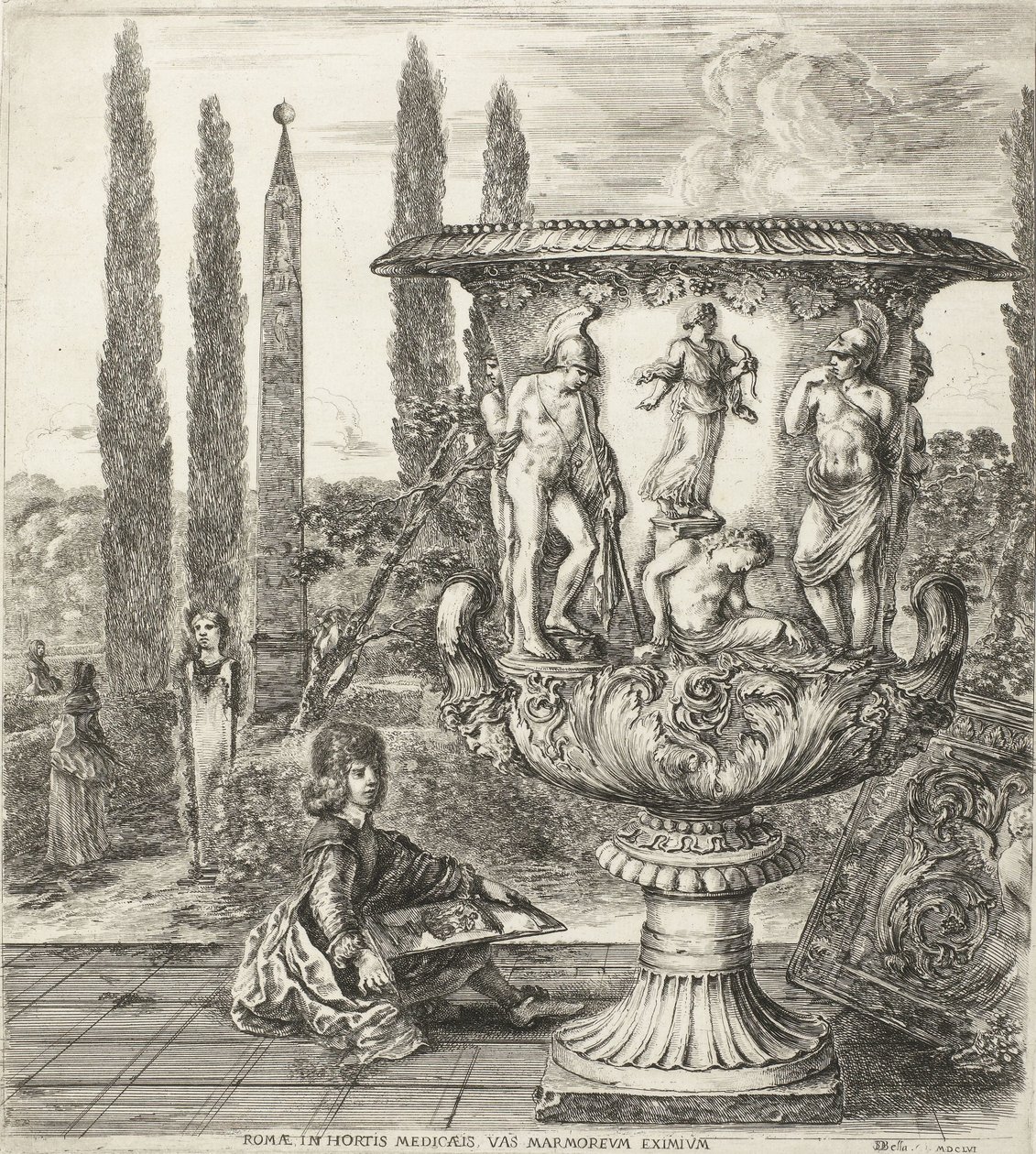 Der junge Cosimo III. de Medici zeichnet die Medici-Vase Romae, in hortis Medicaeis marmoreum eximium (Titel auf Objekt) Ansichten von Rom und Umgebung (Serientitel) Six grandes vues, dont quatre de Rome et deux de la Campagne romaine (Serientitel) von Stefano della Bella
