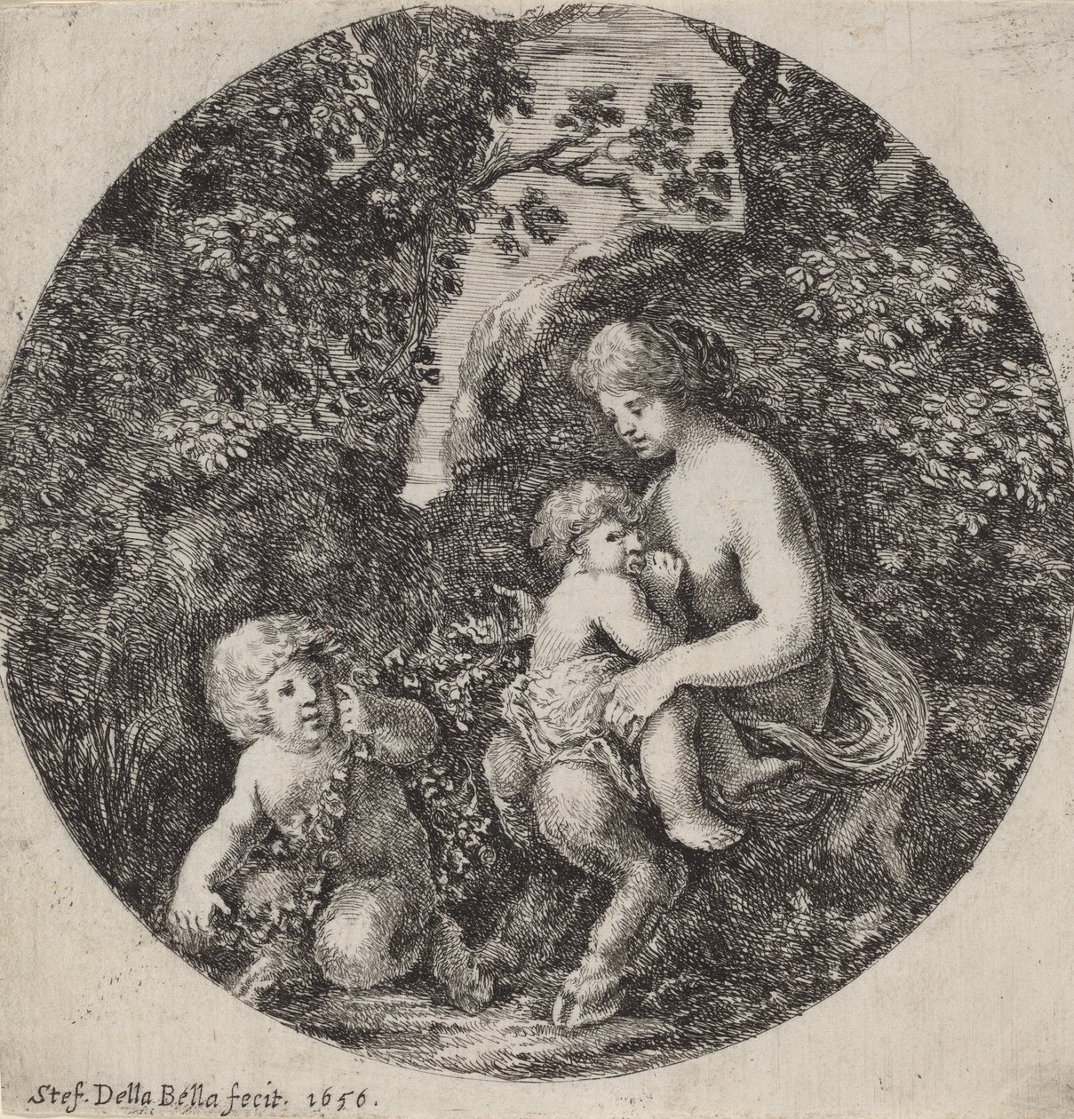Weiblicher Satyr, der ein Kind in einer bewaldeten Landschaft stillt, 1656 von Stefano della Bella