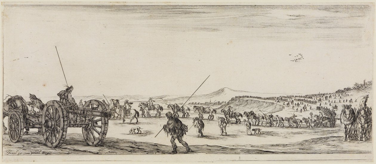 Frieden und Krieg: Züge mit Kanonen und zwei mit langen Lanzen ausgerüsteten Soldaten von Stefano della Bella
