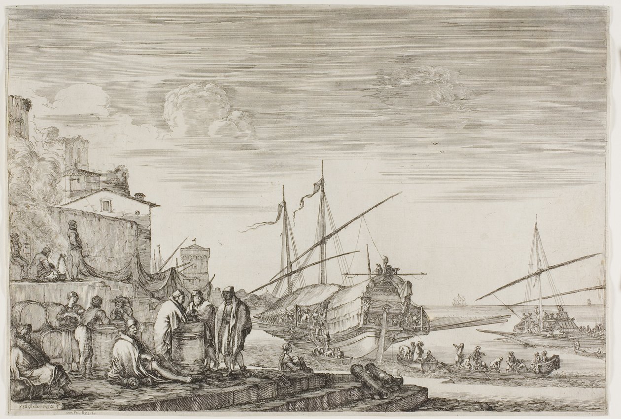 Ansichten des Hafens von Livorno: Häuser mit Blick auf einen Hafen von Stefano della Bella