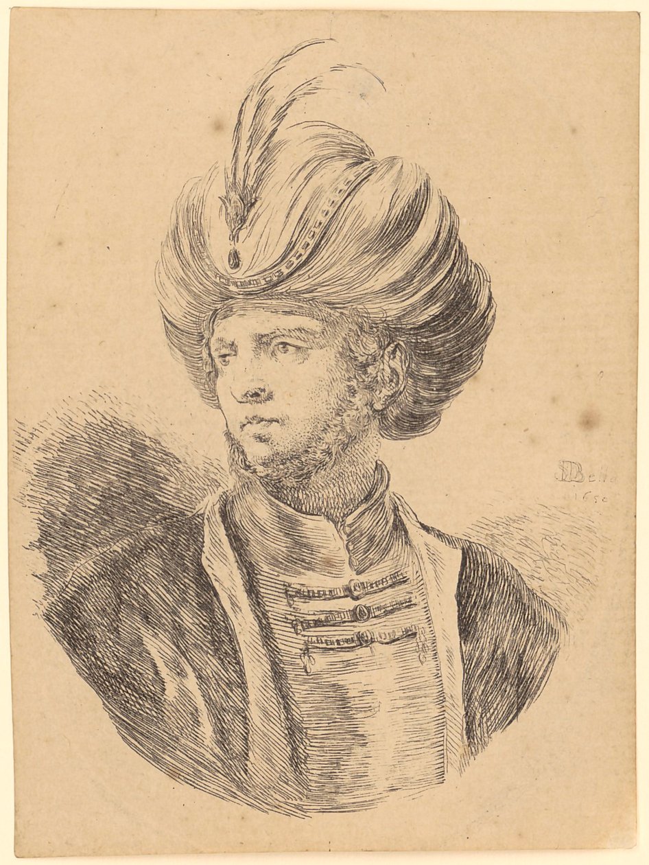 Junger Mann mit Kinnbart und Turban im Dreiviertelprofil nach links von Stefano della Bella