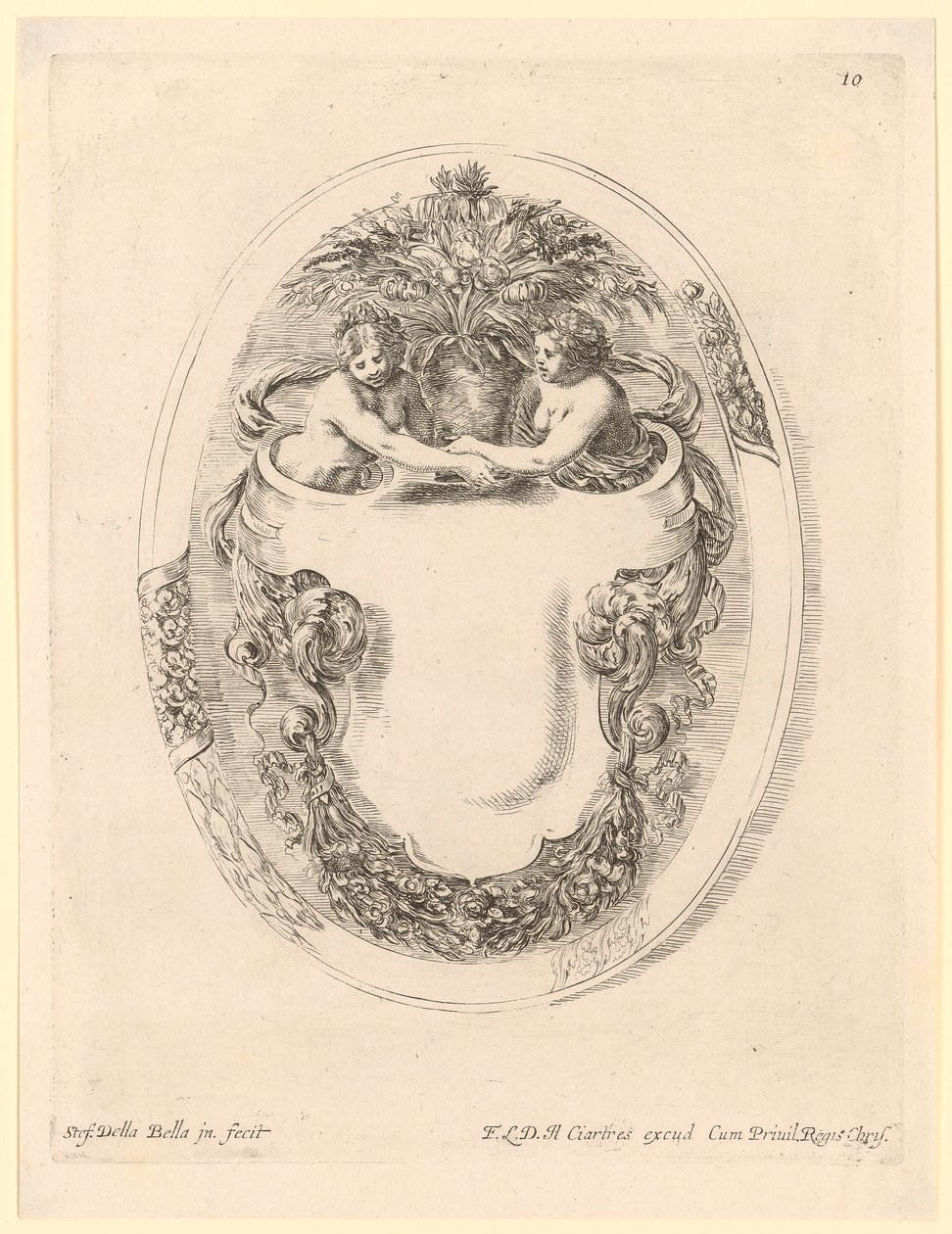 Kartusche mit zwei Frauen und einer Blumenvase von Stefano della Bella