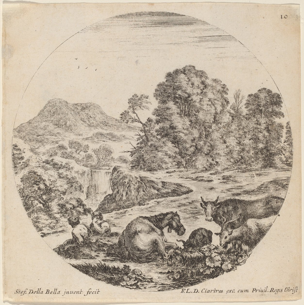Landschaft mit Tieren und zwei sitzenden Hirten von Stefano della Bella