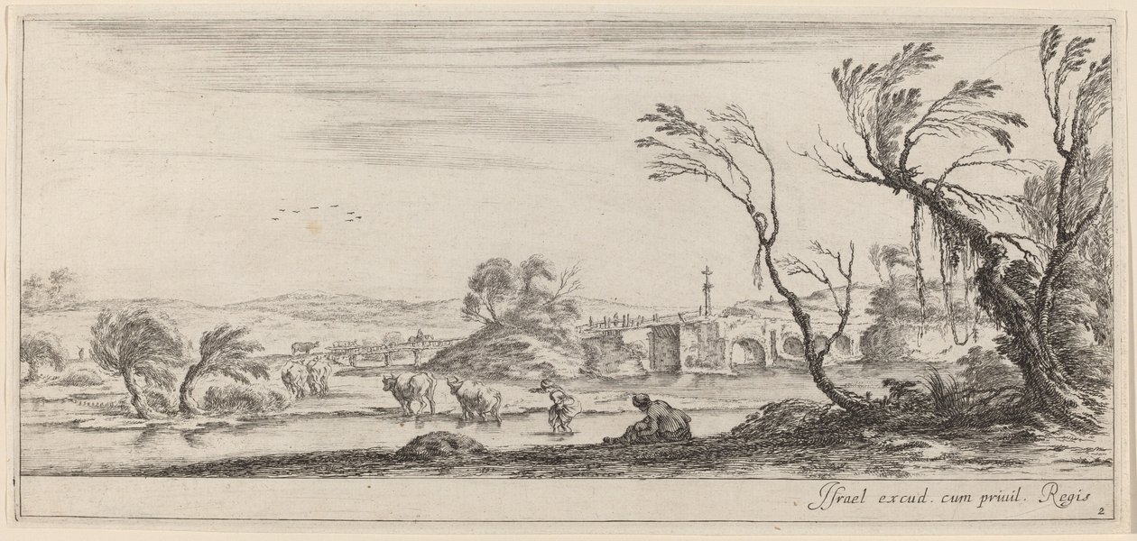 Landschaft mit Bauer, der sich auf das Überqueren eines Baches vorbereitet von Stefano della Bella
