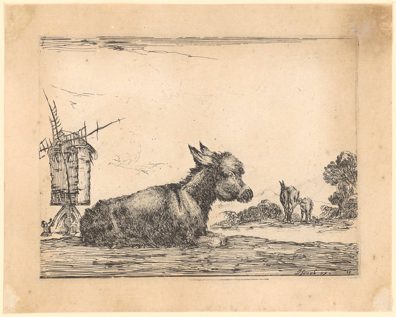 Liegender Esel bei einer Windmühle von Stefano della Bella