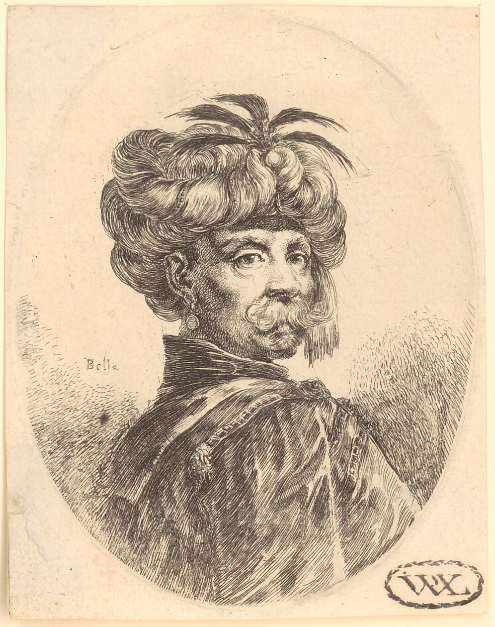 Mann mit Turban und Schnauzbart im Dreiviertelprofil nach rechts von Stefano della Bella