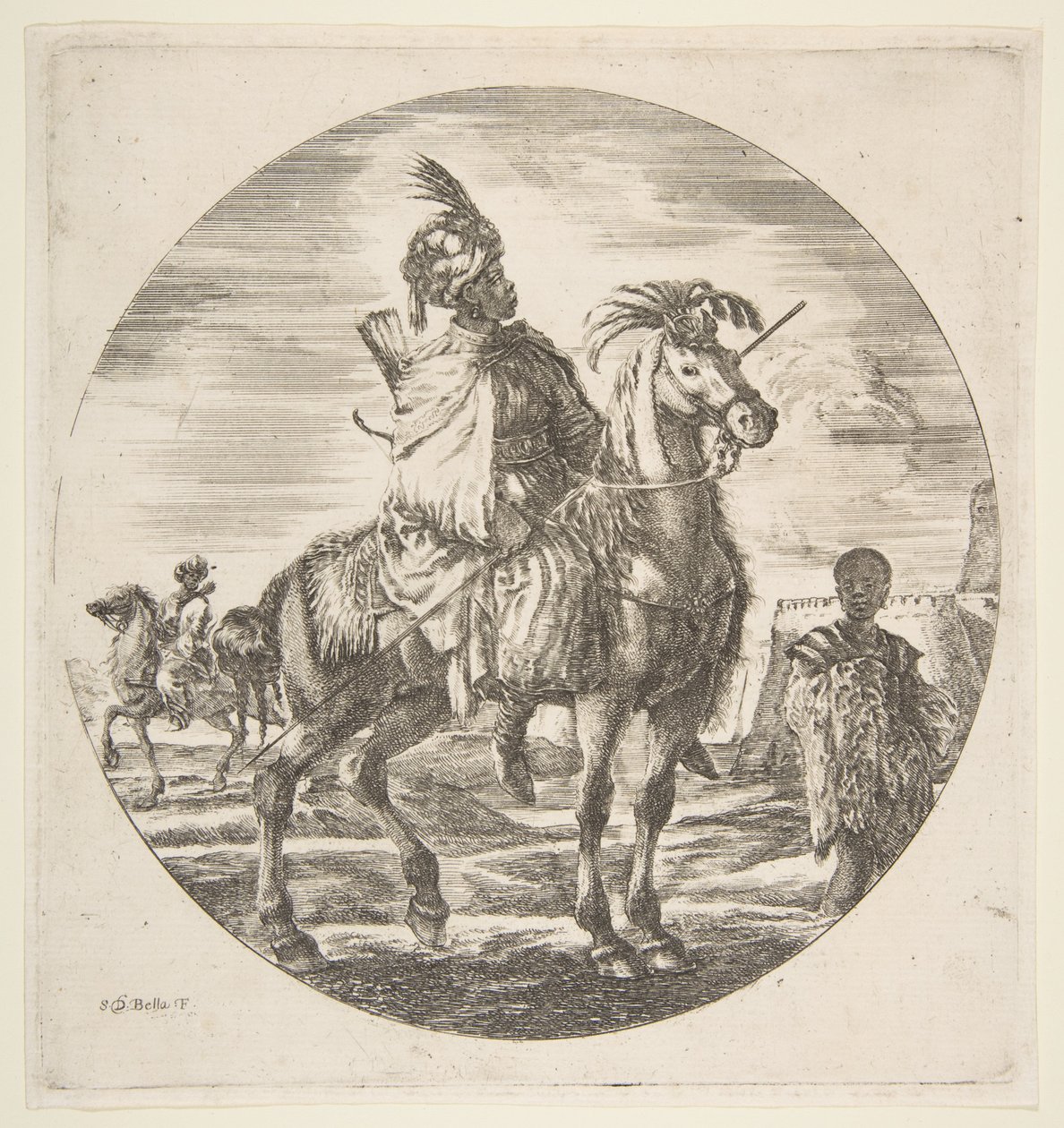 Maurischer Reiter im Profil nach rechts, ein schwarzer Sklave hält rechts einen Pelz, ein anderer ... von Stefano della Bella