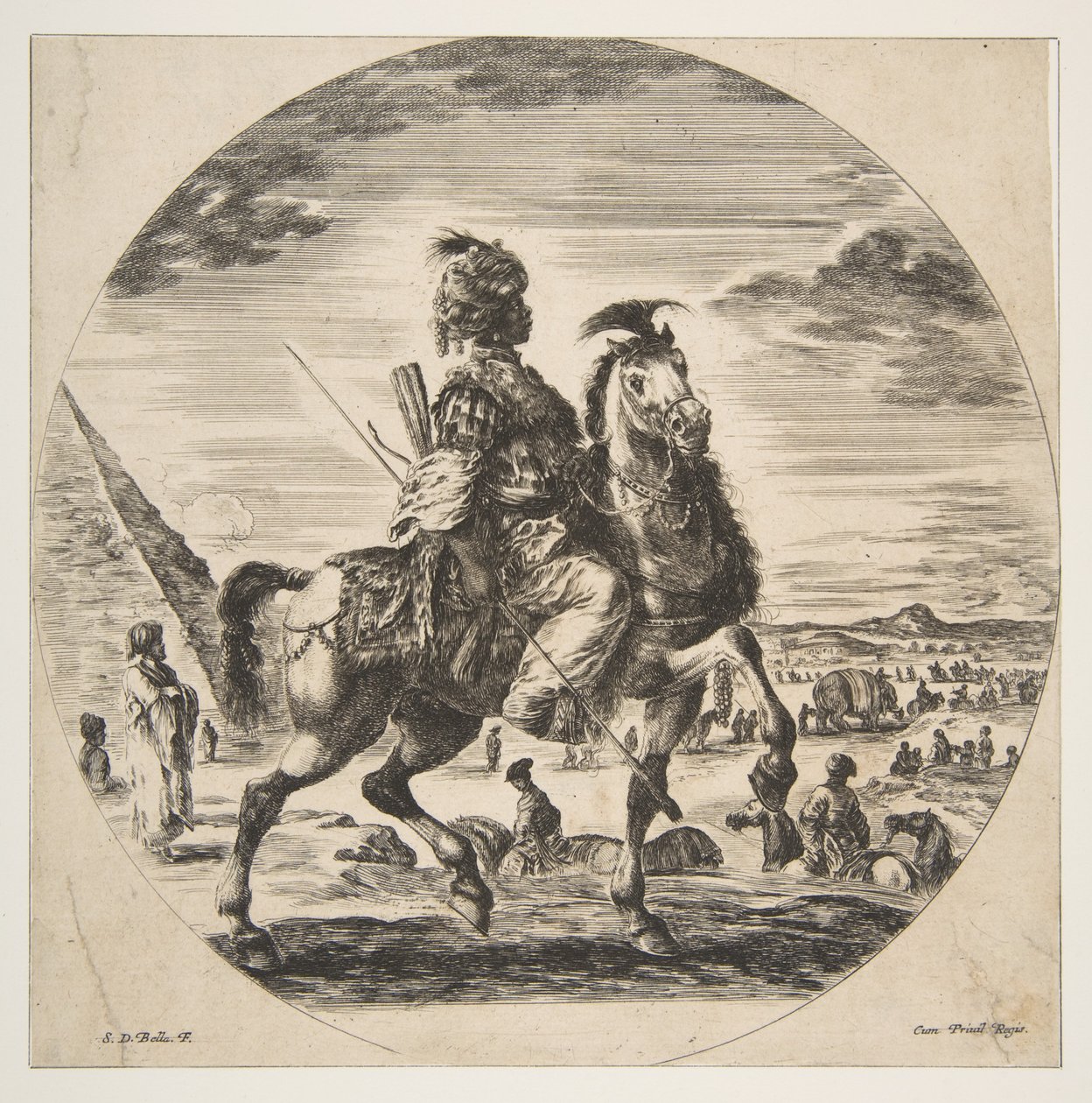 Maurischer Reiter im Profil nach rechts, im Hintergrund eine Pyramide links, viele Figuren, ca. 1651 von Stefano della Bella