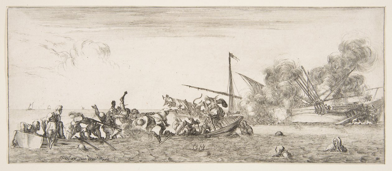 Seeschlacht, ein Ruderboot voller Menschen kämpft mit Musketen nach links, Menschen ertrinken..., um 1641 von Stefano della Bella