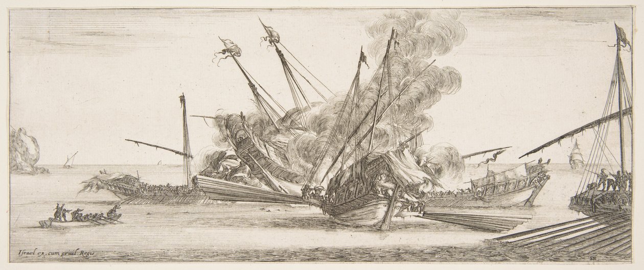 Seekampf, ein Schiff in der Mitte, von hinten gesehen, feuert auf vier feindliche Schiffe, ein weiteres, ca. 1641 von Stefano della Bella