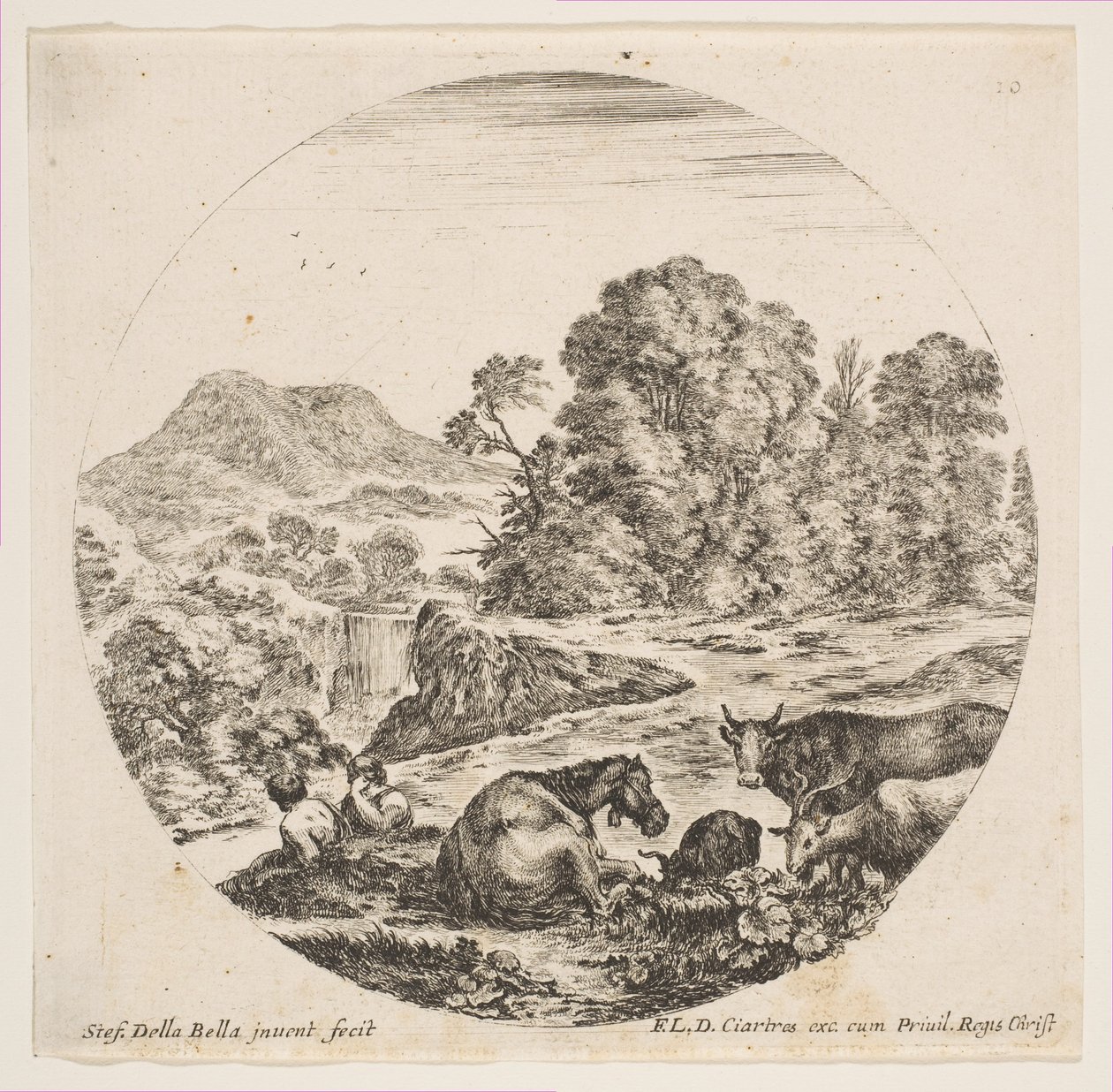 Tafel 10: ein liegendes Pferd in der Mitte, eine Kuh und zwei Ziegen rechts, zwei sitzende Schäfer..., ca. 1646 von Stefano della Bella