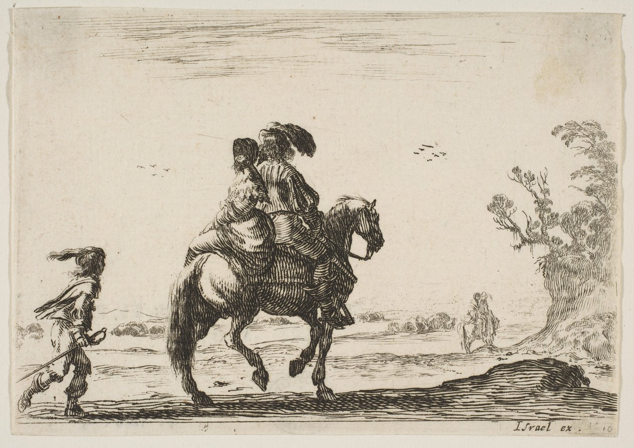 Reiter und Frau, von hinten gesehen, reiten nach rechts mit einem jungen ..., 1642 von Stefano della Bella