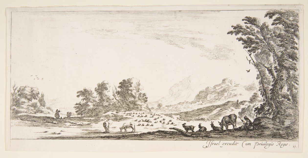 Platte 11: Schäferin sitzt rechts unter einem Baum und beobachtet ihre Herde links, ca. 1641 von Stefano della Bella