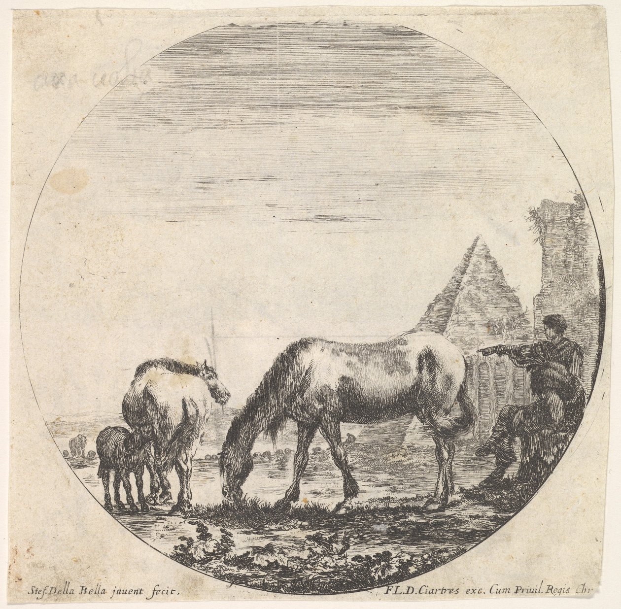 Die Pyramide des Caius Cestius rechts im Hintergrund, ein Pferd grast, ca. 1643-48 von Stefano della Bella