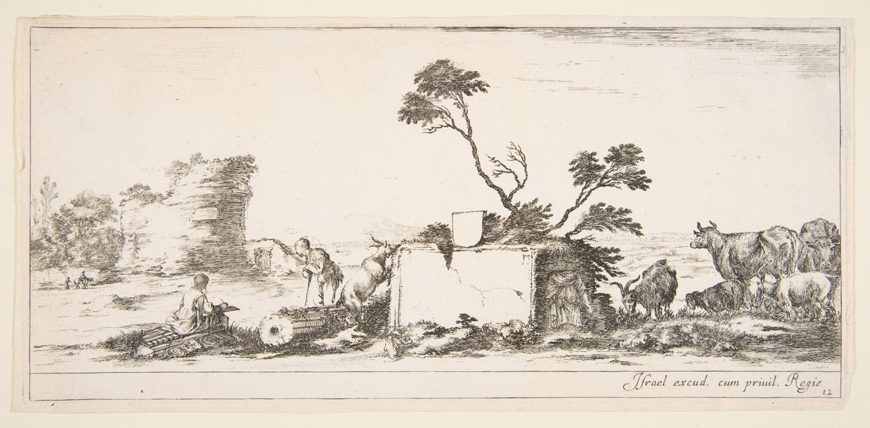 Blatt 12: Ein sitzender Zeichner links, ein stehender Schäfer rechts neben ihm, Ruinen im Hintergrund, ca. 1641 von Stefano della Bella
