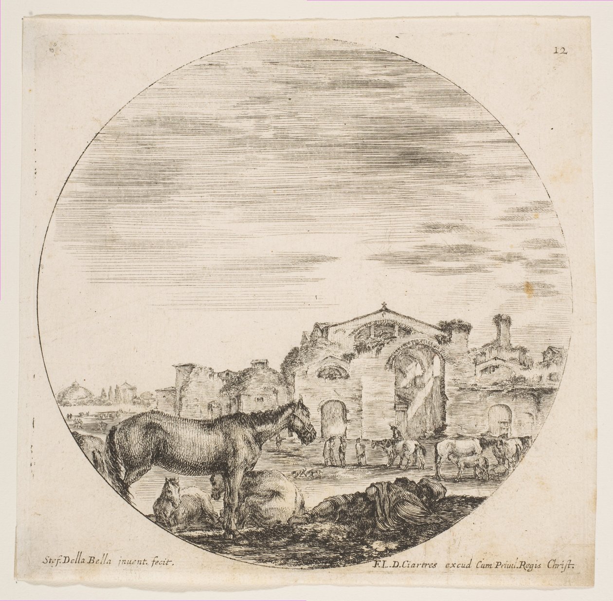 Tafel 12: ein schlafender Hirte auf dem Boden rechts, drei Pferde links, andere Pferde, ca. 1646 von Stefano della Bella