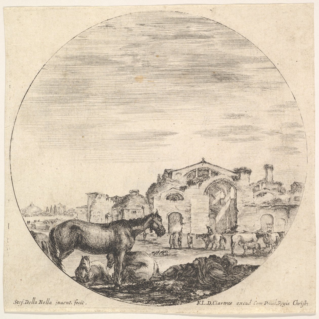 Tafel 12: ein schlafender Hirte auf dem Boden rechts, drei Pferde links, andere h..., ca. 1643-48 von Stefano della Bella