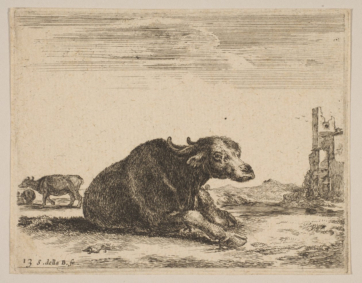 Platte 13: Büffel, der liegt, aus Verschiedene Tiere Diversi animali, ca. 1641 von Stefano della Bella