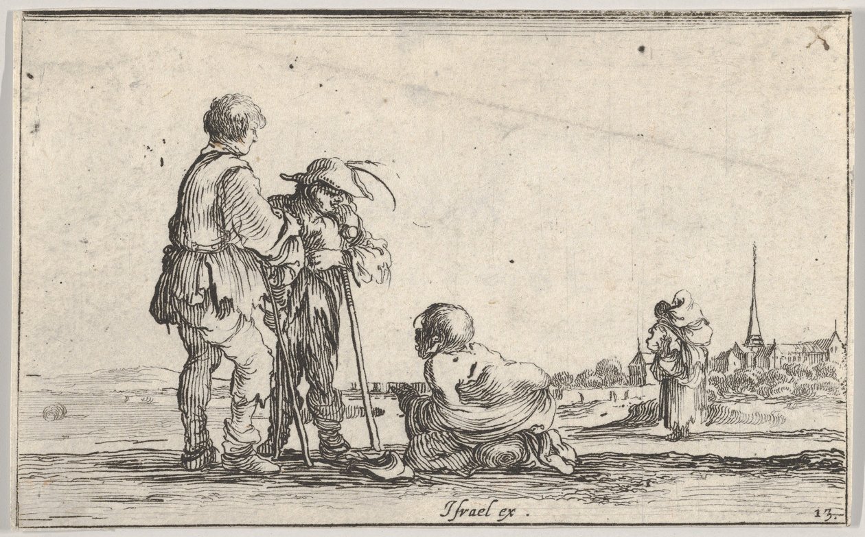 Tafel 13: zwei Bauern stehen links, ein Krüppel kniet in der Mitte, ca. 1642 von Stefano della Bella
