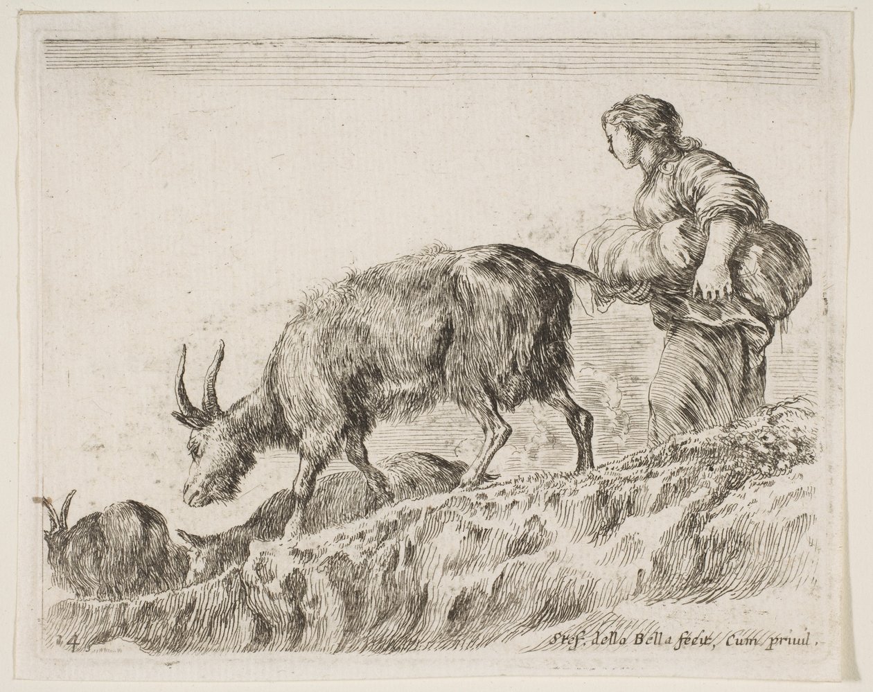 Tafel 14: Schäferin, die Ziegen hütet, aus Verschiedene Tiere Diversi animali, ca. 1641 von Stefano della Bella