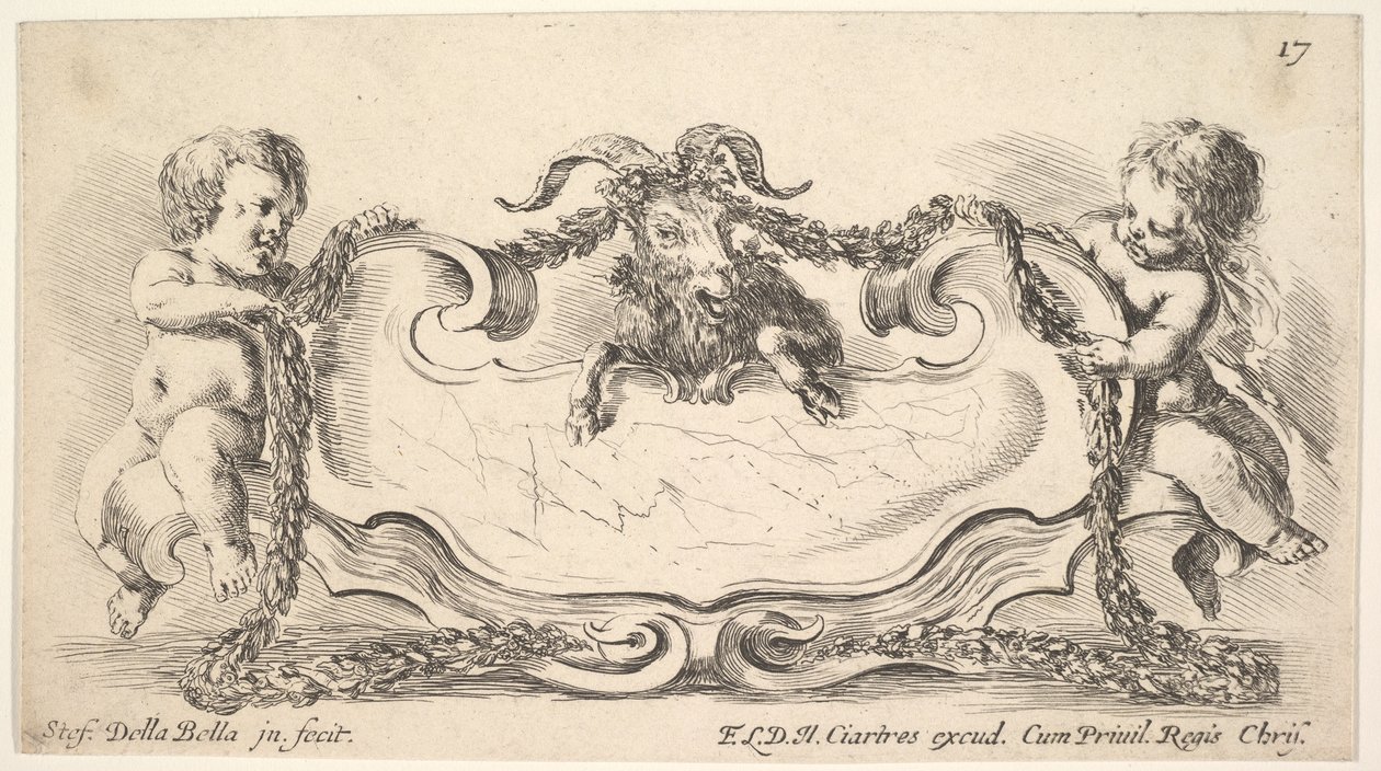 Kartusche mit Marmormitte, ein Säugling auf jeder Seite hält einen Kranz ..., 1646 von Stefano della Bella