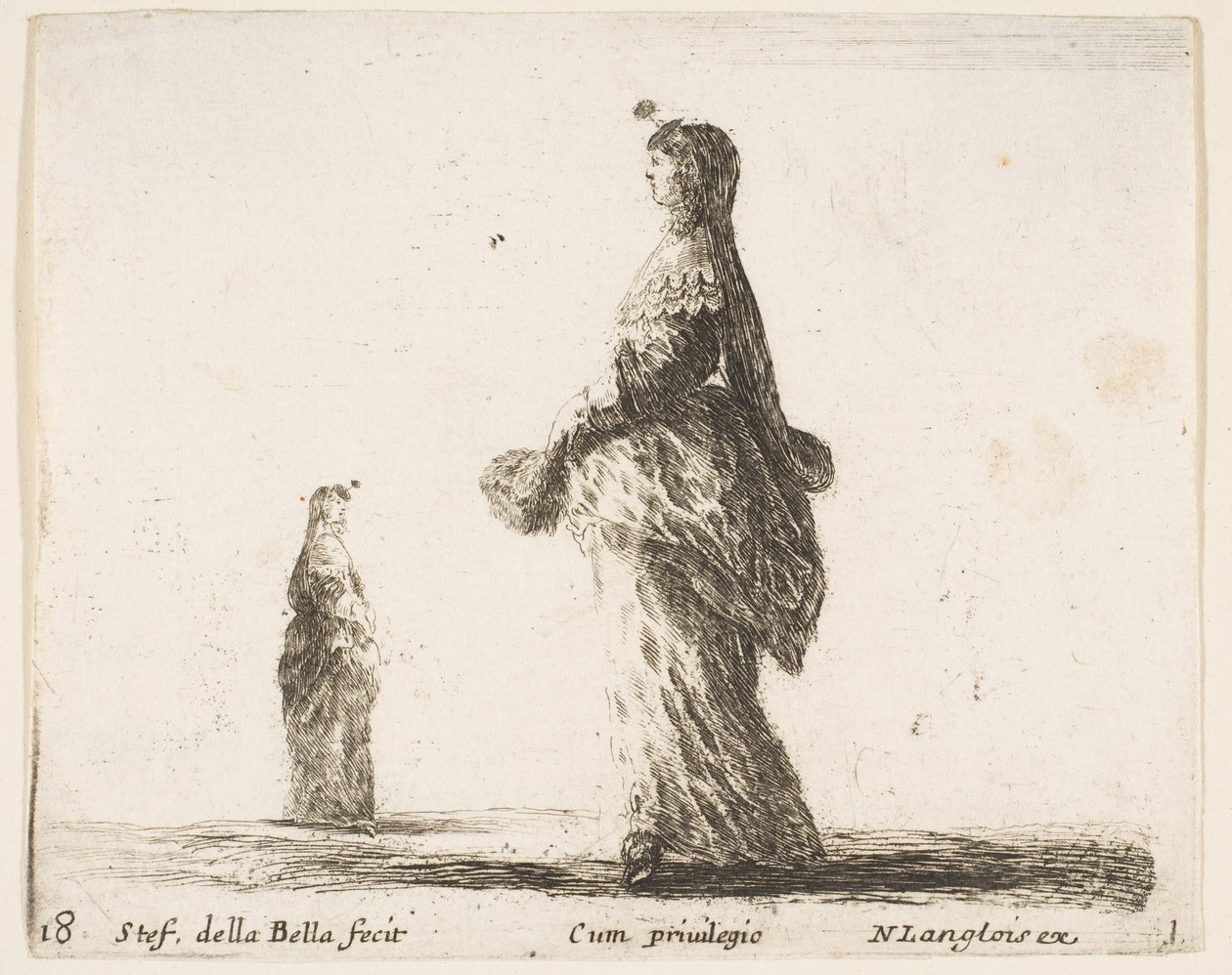Tafel 18: eine Adlige, die nach links mit einem Federfächer geht, eine andere Frau, ca. 1644-47 von Stefano della Bella