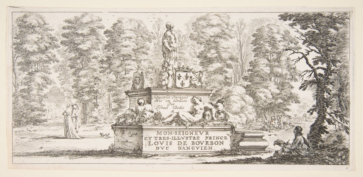 Tafel 1: ein Denkmal mit Statuen und einem Wappen in der Mitte, ein Zeichner auf dem..., ca. 1643 von Stefano della Bella