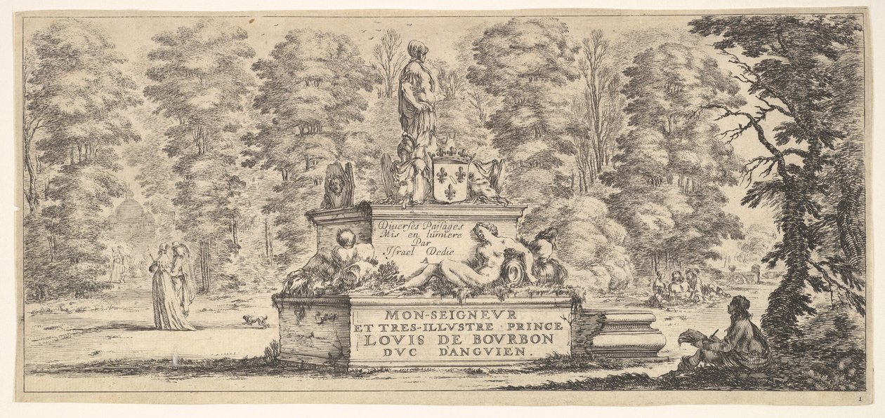 Platte 1: ein Denkmal mit Statuen und einem Wappen in der Mitte, ein Zeichner auf dem..., ca. 1641 von Stefano della Bella