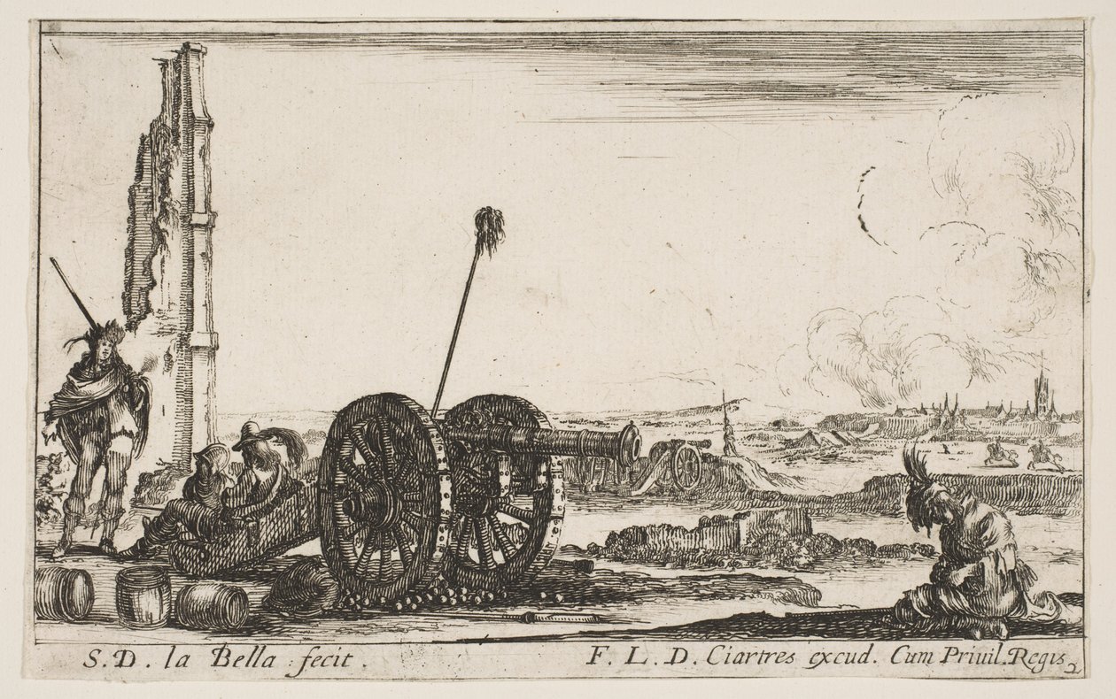Tafel 2: Eine Kanone links, eine Stadt im Hintergrund, aus Verschiedene militärische Capric... von Stefano della Bella