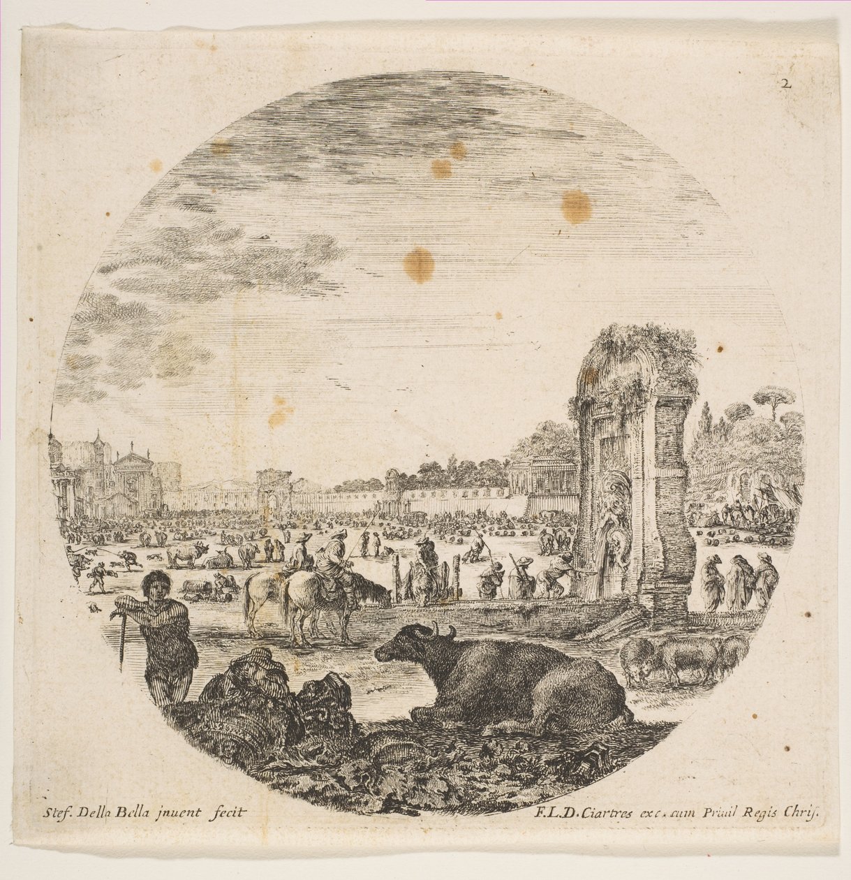 Tafel 2: Campo Vaccino, ein Büffel und zwei Hirten in der Mitte, der Fontanone rechts, ca. 1646 von Stefano della Bella