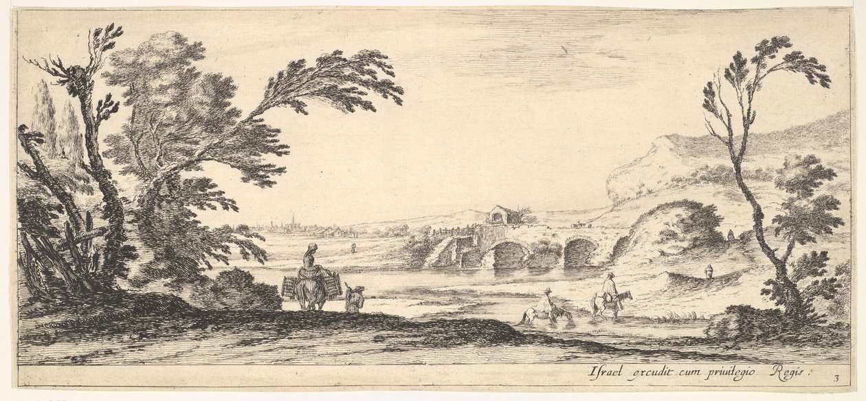 Tafel 3: zwei Reiter überqueren einen Fluss nach rechts, eine Frau mit zwei Körben auf einem Esel, ca. 1641 von Stefano della Bella