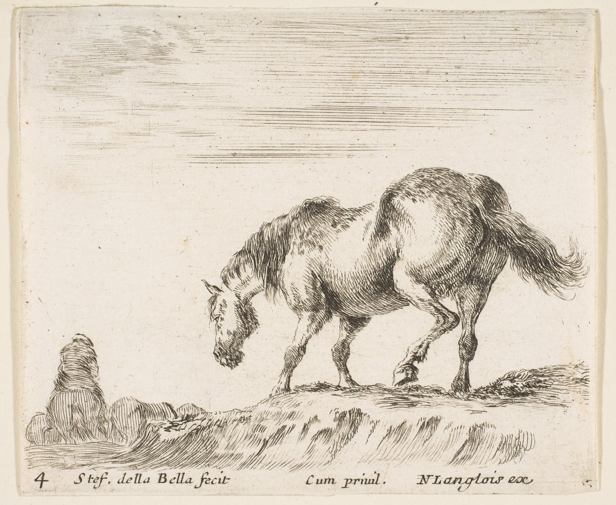 Tafel 4: Ein Pferd im Profil nach links, kurz vor dem Abstieg von einem Hügel, ein Pferd..., ca. 1644-47 von Stefano della Bella