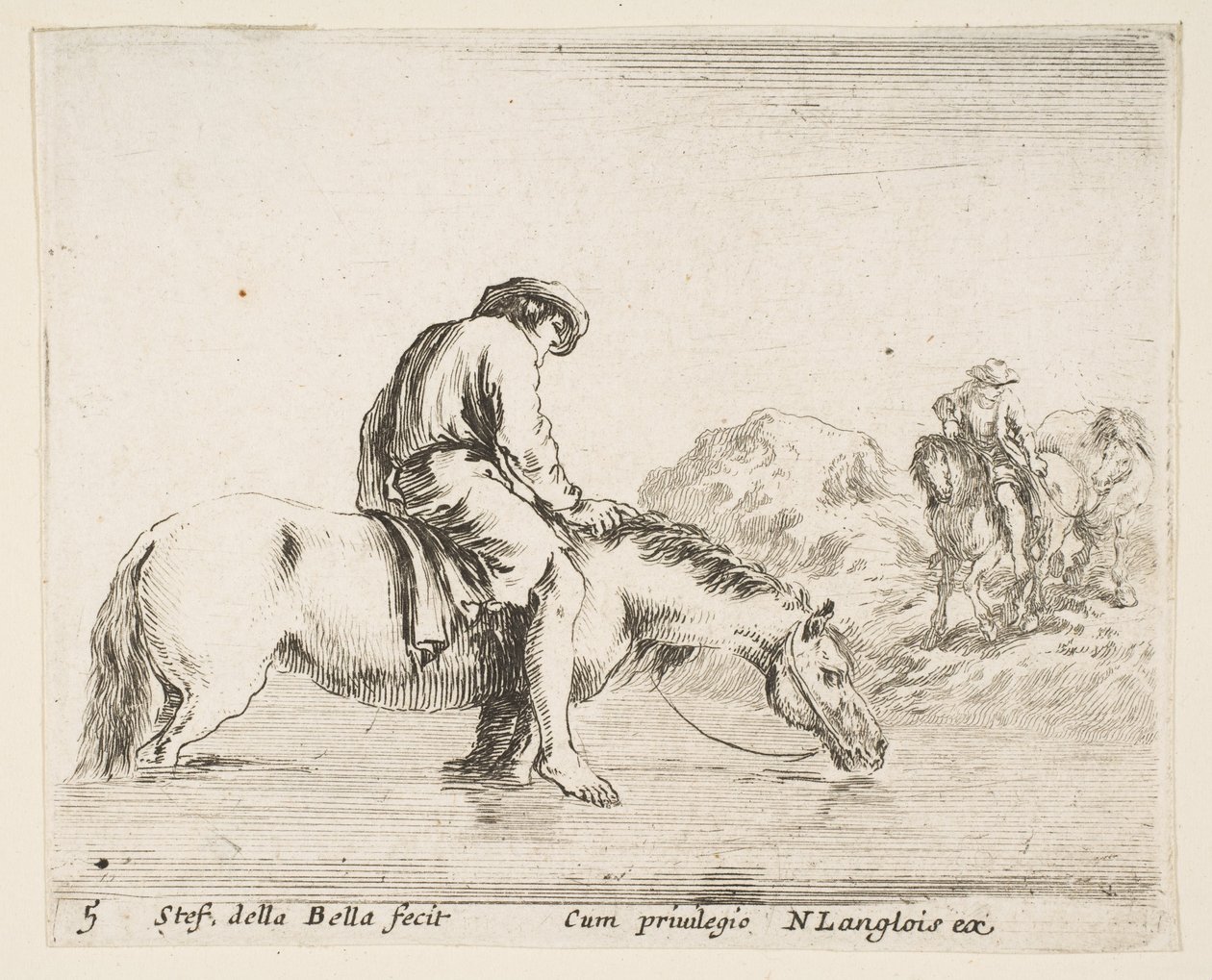 Tafel 5: ein barfüßiger Bauer zu Pferd überquert einen Fluss, ein anderer Bauer zu Pferd..., ca. 1644-47 von Stefano della Bella